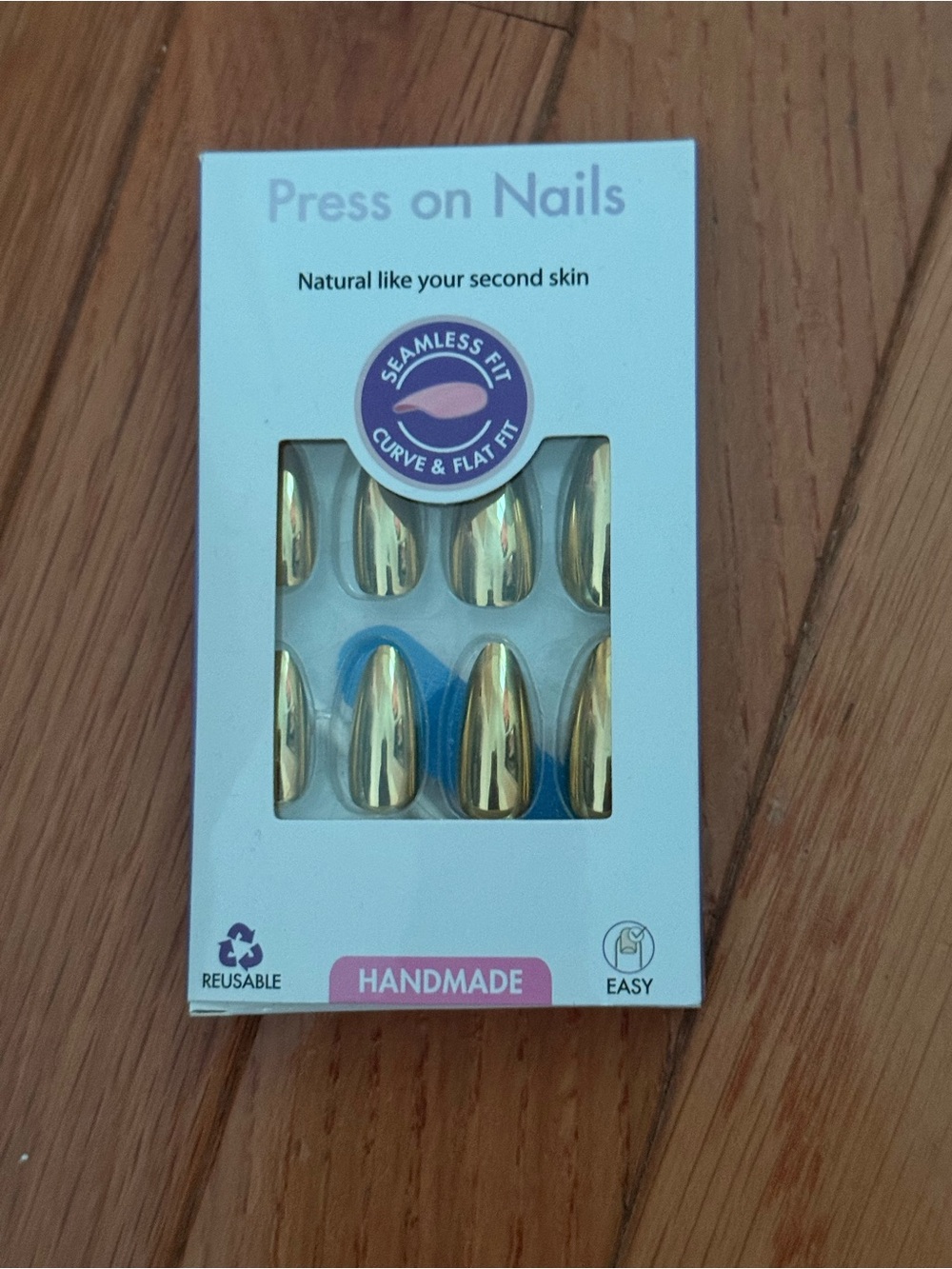 Handmade Gold Press On Nails - Comes with file and cuticle stick